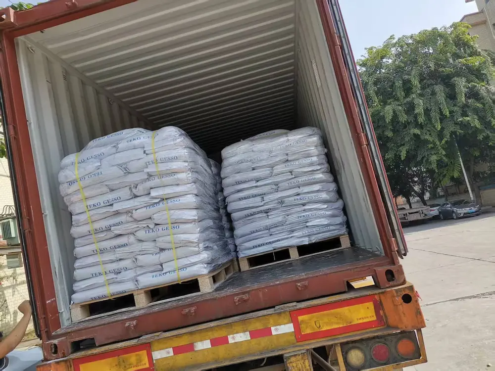 Loading TEKO gypsum plaster powder into a shipping container for export